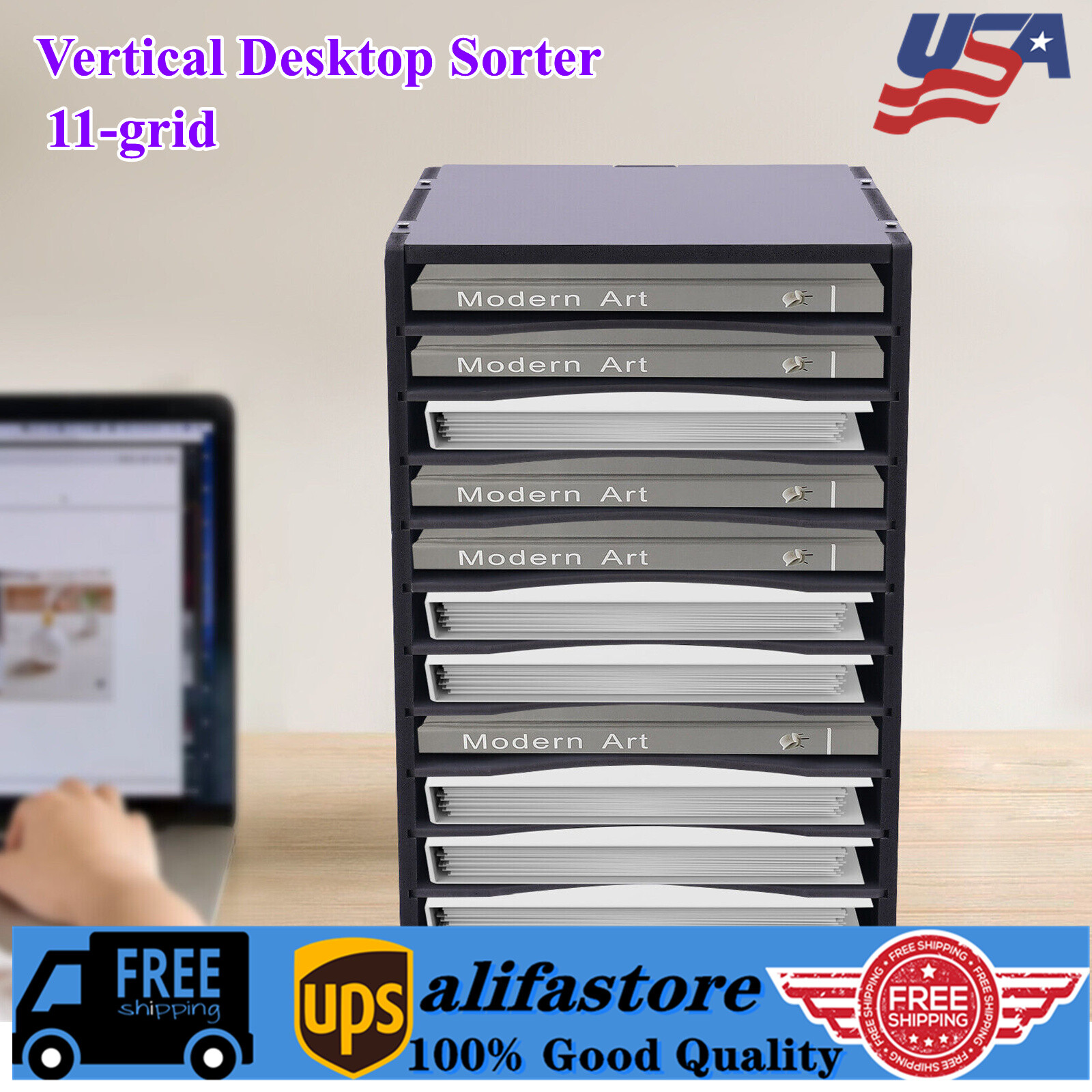 Wooden 11 Compartment Vertical Office Desk File Holder Organizer  -image