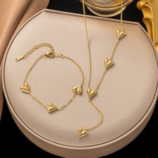 SET Woman 18K Gold Plated Stainless Steel Love Heart Charm Necklace Bracelet