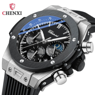 CHENXI Watch Men Brand Black Silicone Quartz Watch Male Chronograph Sport  Watch