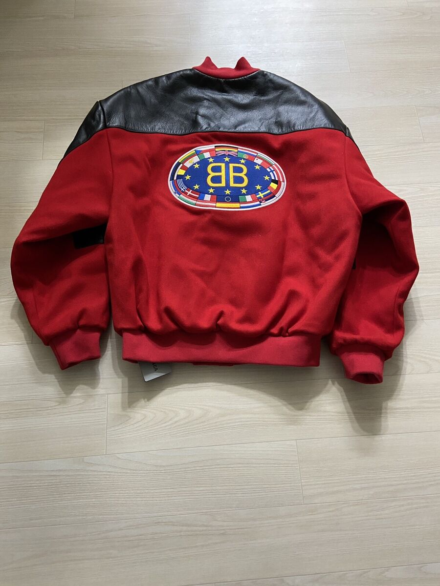 44 Balenciaga Leather trimmed BB logo varsity bomber jacket 44 Balenciaga Leather trimmed BB logo varsity bomber jacket