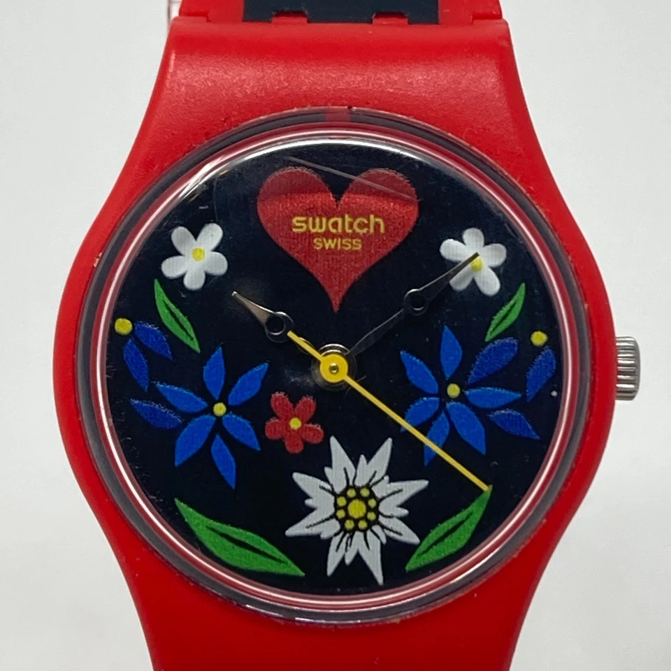 Reloj Swatch Roetli Mujer 25mm Rojo Negro Floral Hecho en Suiza WR Batería Nueva 8" Foto 2 de 4