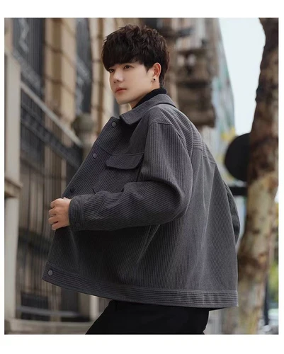Men’s Corduroy Jacket | Korean Style Casual Spring & Fall Button-Up Coat - Picture 9 of 16