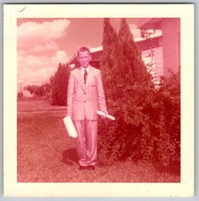 Vtg Color Snapshot Young Boy In Suit Outdoors 1960s