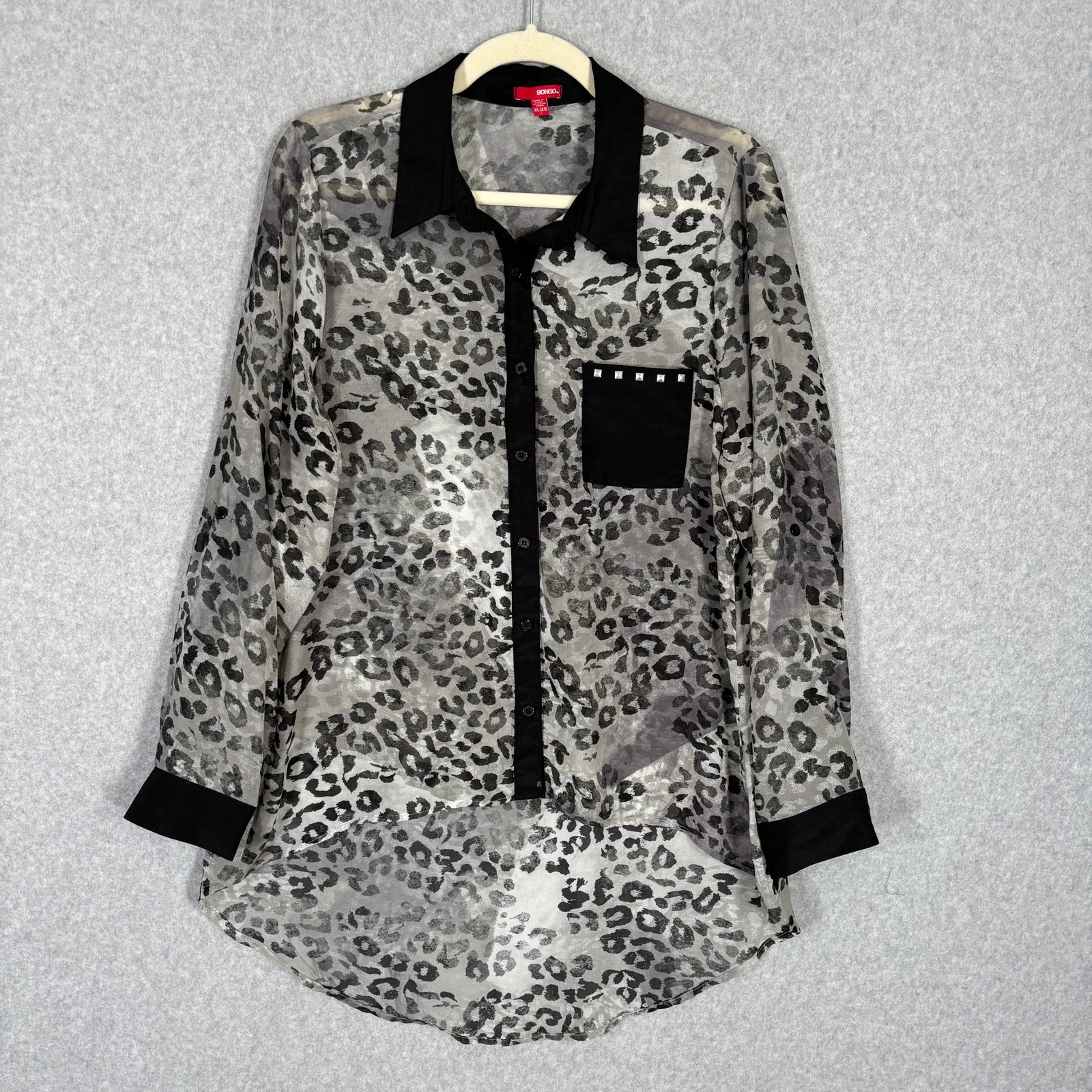 Bongo Womens XL Leopard Print Sheer Tunic Blouse Witchy High Low Flow