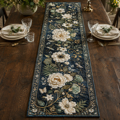 Blue Floral Quilted Table Runner, White Flower Dragonfly, Farmhouse Decor