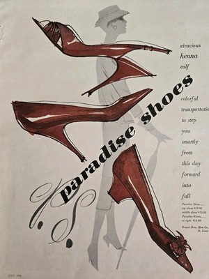 1955 Women's Paradise Kitten Henna Calf Shoes Vintage Fashion art Ad 