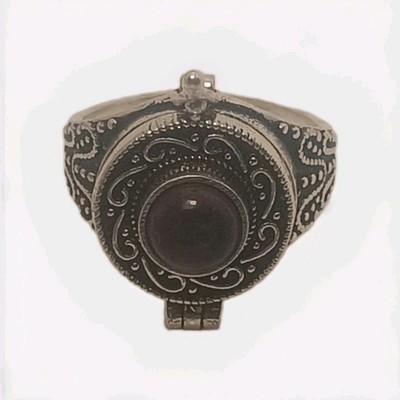 Poison Ring Amethyst Gemstone Pill Box Hinged Compartment Silver Tone Size 8.25 