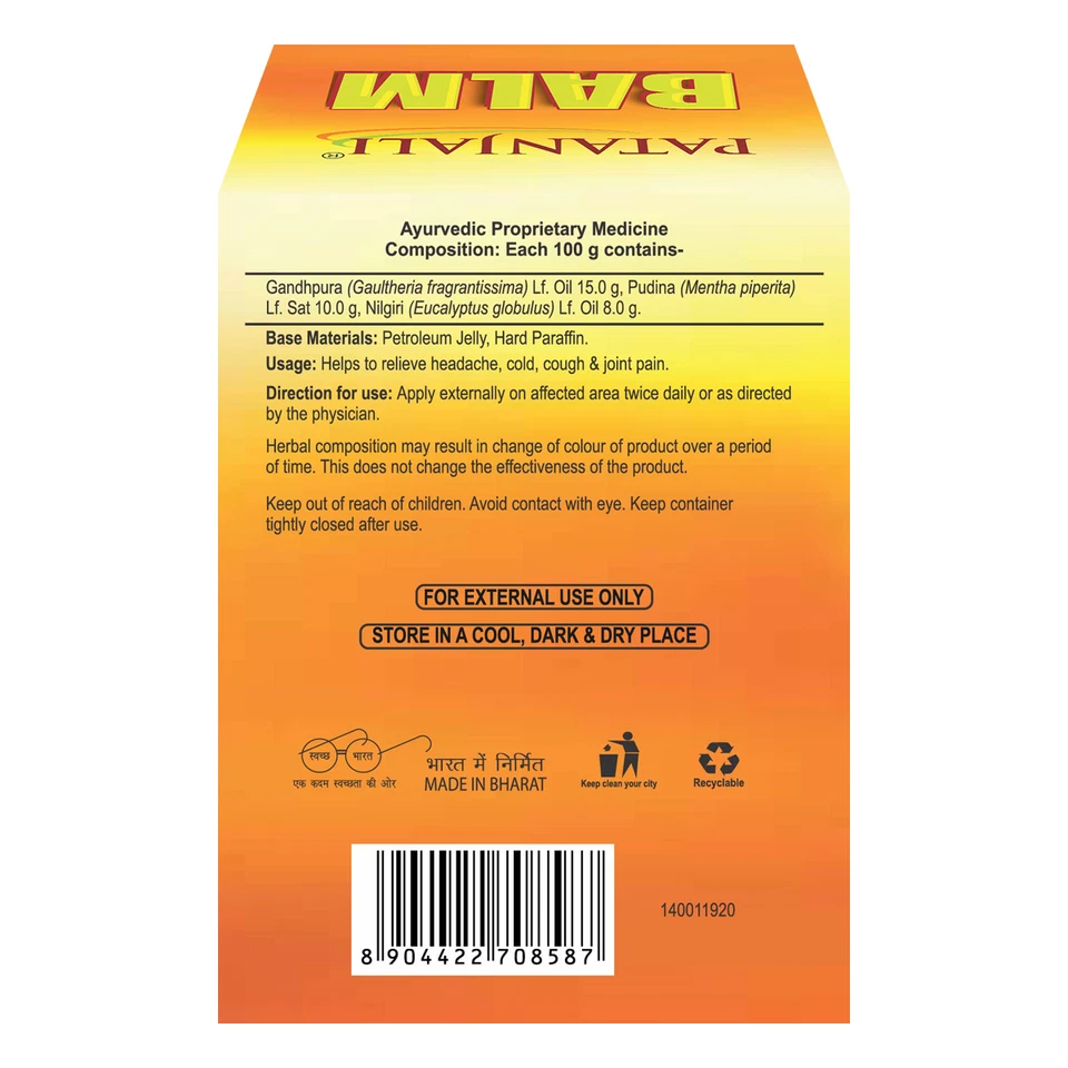 Baume à soulagement rapide Patanjali pour les maux de tête froids paquet de 3... - Photo 2/4