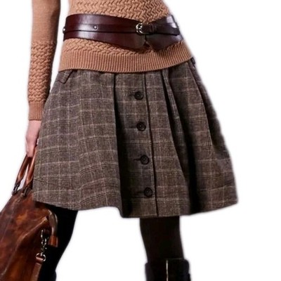 ARTKA Women s Brown Vintage Wool Blend Buttons, Plaid Tweed A-line Skirt M #C7