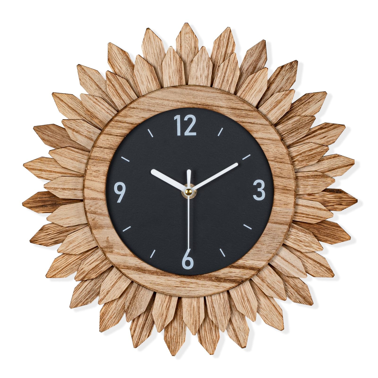 Wall Clock Battery Operated 12 in Rustic Wood Boho Sunburst Decorative Wall C...