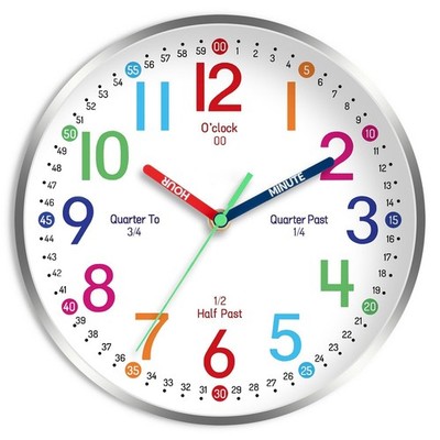 Teaching Clock For , Easy Time Telling, 8 Inch, Classroom, Silver