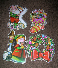4pc Christmas Die Cut Cardboard Window Wall Hangers 1980 USA Beistle Co.