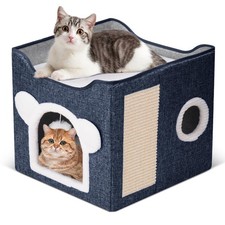 Cat Beds for Indoor Cats, Large Cat House Foldable Cat Cave with Scratch Pad and