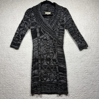 Sweater Dress M Black White Space Dye Cable Knit Wrap V-Neck Grunge 90s Goth Y2K