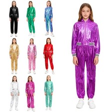 Girls Set Dancewear Outfits Shiny Gymnastics Sports Long Sleeve Coat Dance Show