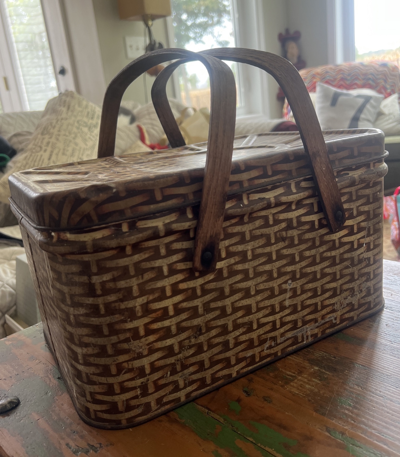 Vintage Metal Picnic Basket Wood Handles Woven Wicker Style MCM 1950's