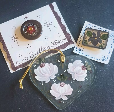 Vtg 3 Pc Handmade Lot Ornament Pins Hand Painted Crafted Granny Cottage Gift