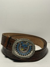 Zuni Turquoise Coral Onyx Handcrafted SSI 88 Silver Belt Buckle Leather Belt