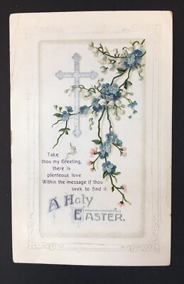 Antique A Holy Easter Greeting Card Embossed Printed in Germany Flowers Cross