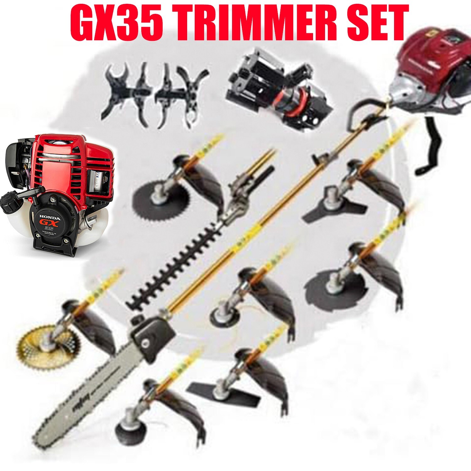 GX35 POLE SAW 9 IN 1 MINI CULTIVATOR LAWN MOWER GAS HEDGE TRIMMER GRASS