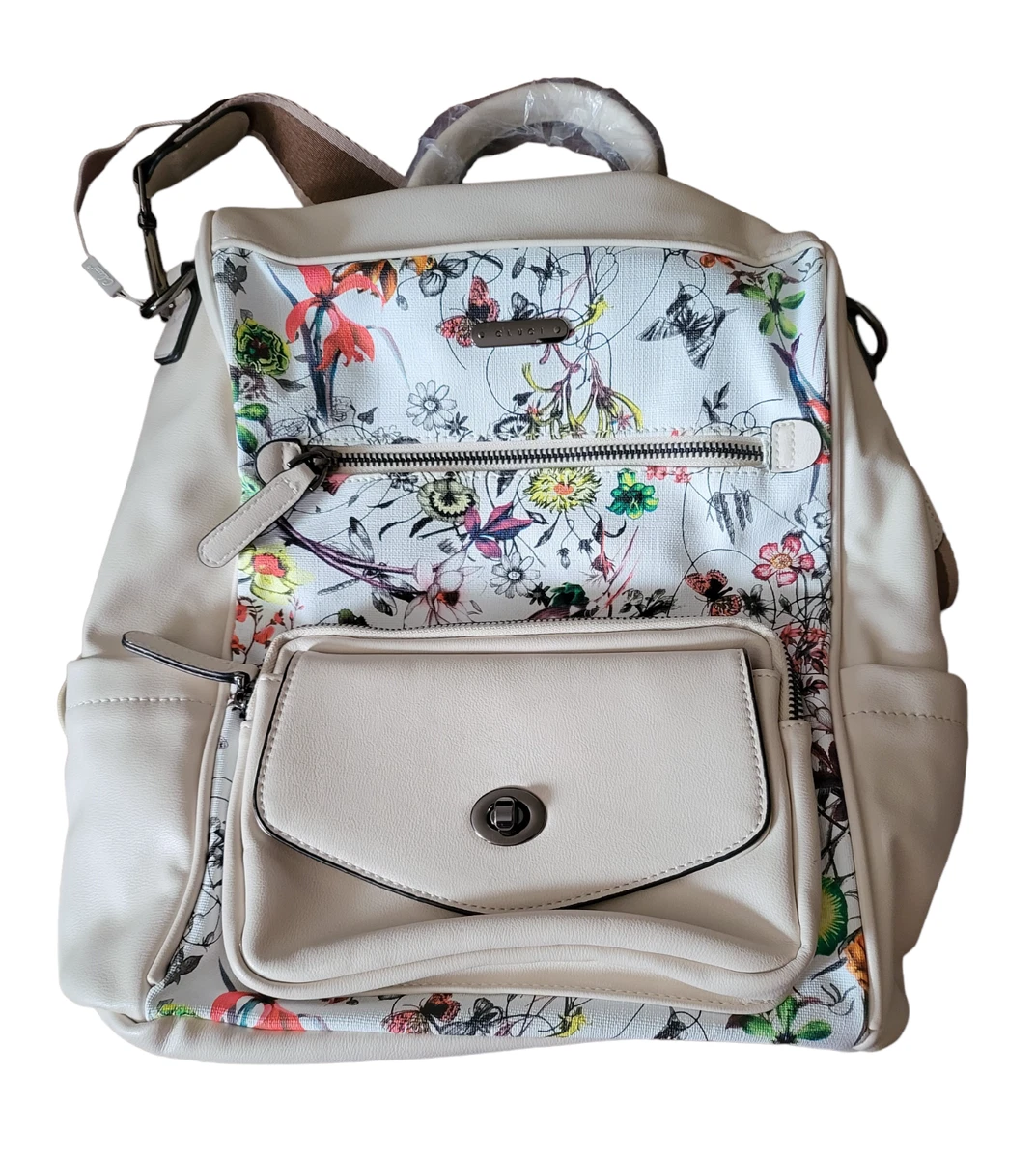 Cluci Cream and Floral Leather Backpack Purse New