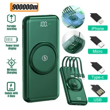 90000mAh Wireless Power Bank Fast Charger Pack Backup Battery Build-in 4 Cables