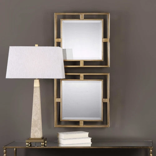Contemporary Glam Mirror Square Set 2 Pair Gold Open Group Retro Wall Tile Luxe - Picture 8 of 9