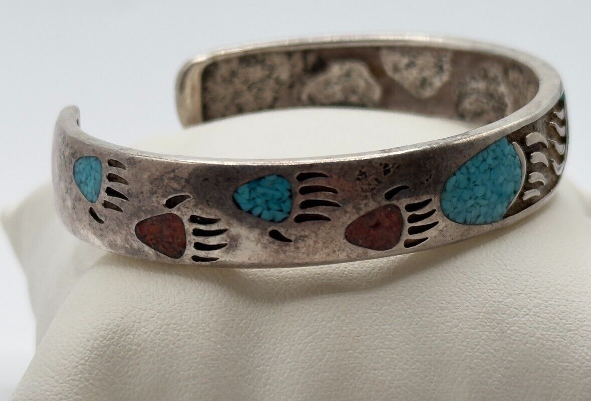 7.5 Inch Wrist Vintage Native American Navajo Turquoise Inlay Sterling Silver Bracelet Cuff 7.5 Inch Wrist Vintage Native American Navajo Turquoise Inlay Sterling Silver Bracelet Cuff