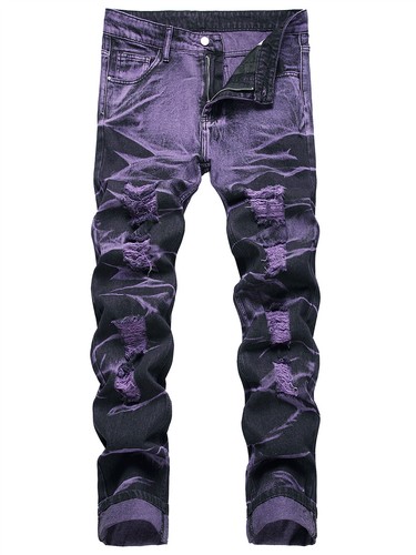 Herren Personality Jeans Distressed Ripped Holes Skinny Slim Denim Hose Trousers - Bild 1 von 7