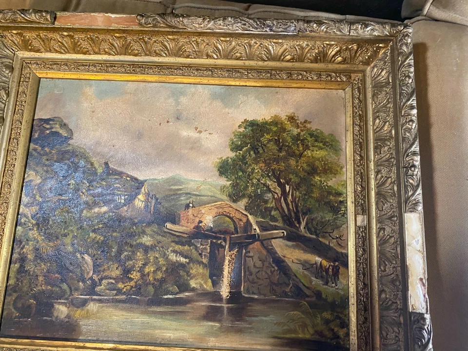 Antigua pintura al óleo sobre lienzo "Paisaje con escena de hogar y figuras" - Enmarcada Foto 3 de 4