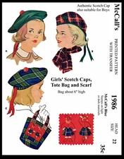 McCall's # 1986 Scottish Beret Hat Cap & Bag Fabric Sewing Pattern Alopecia 22" 