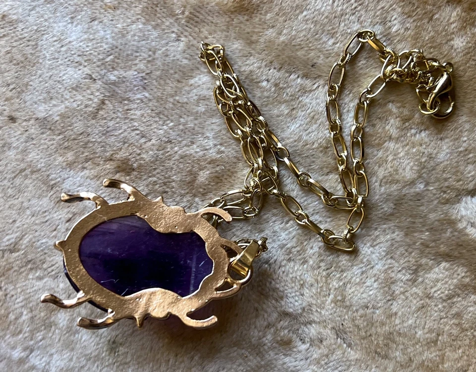 Egyptian Revival Scarab Necklace Hand Carved Amethyst Purple Gemstone Pendant - Image 4 of 4