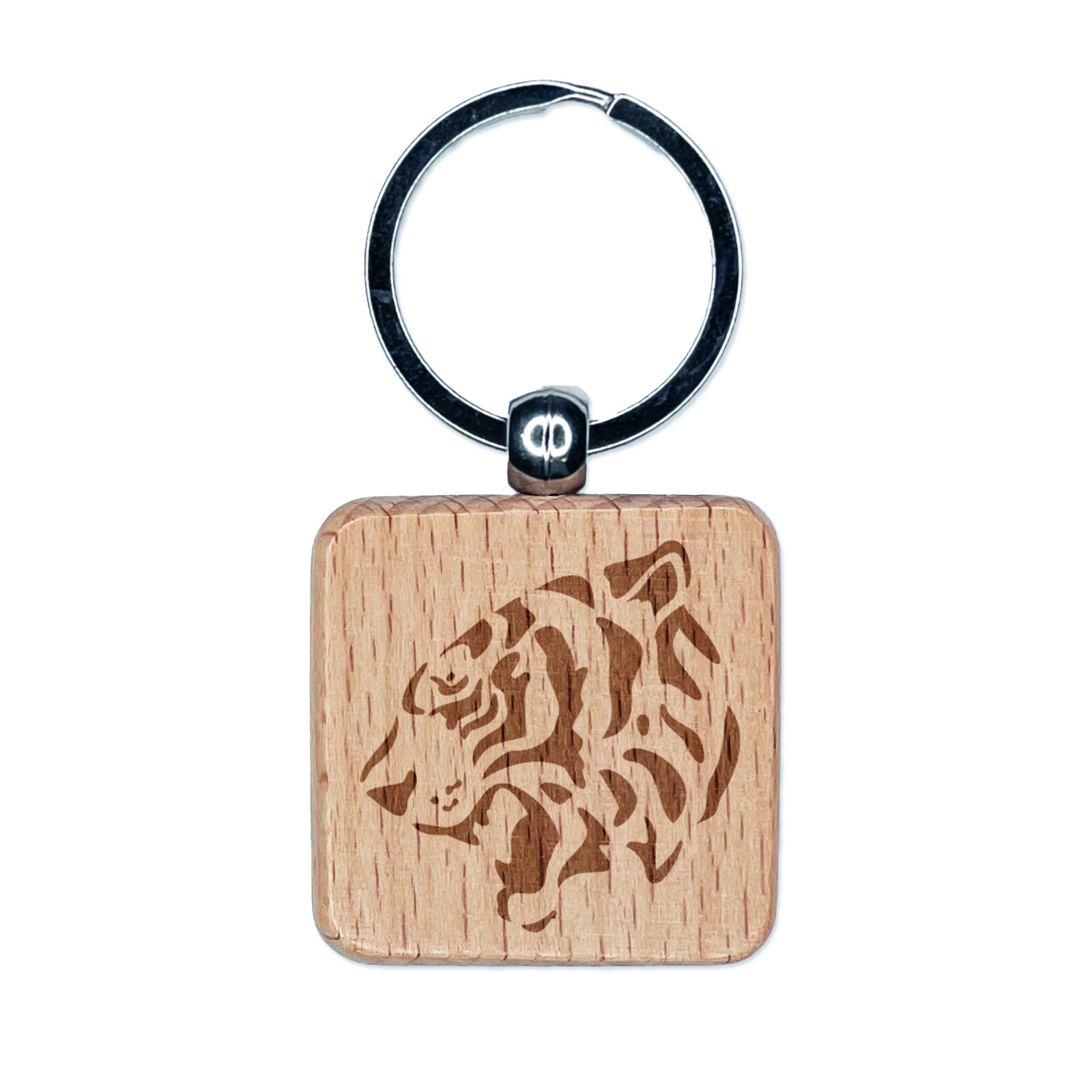 Ferocious Bengal Tiger Head Side View Engraved Wood Square Keychain Tag Charm