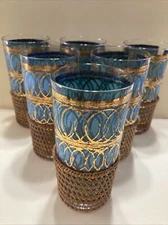 6 Georges Briard Highball Cocktail Glass Rondo Blue Green 22k Gold Wicker Sleeve