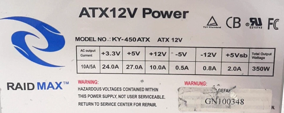 Raid Max KY-450ATX Power Supply ATX 12V - Image 2 of 4