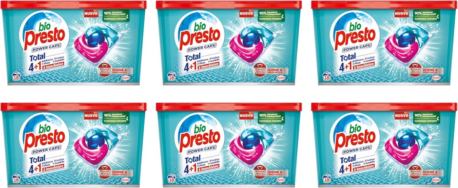 Bio Presto Power Caps Igiene & Freschezza, Detersivo Lavatrice, 6 Confezioni