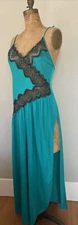 VINTAGE VAL MODE SEXY HIGH SLIT MAXI NIGHTGOWN SHINY NYLON LACE PANELS MED USA