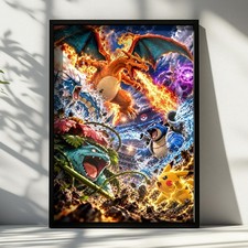 Pokemon Showdown Battle Poster, Charizard Pikachu Mewtwo Wall Art, Gaming Print