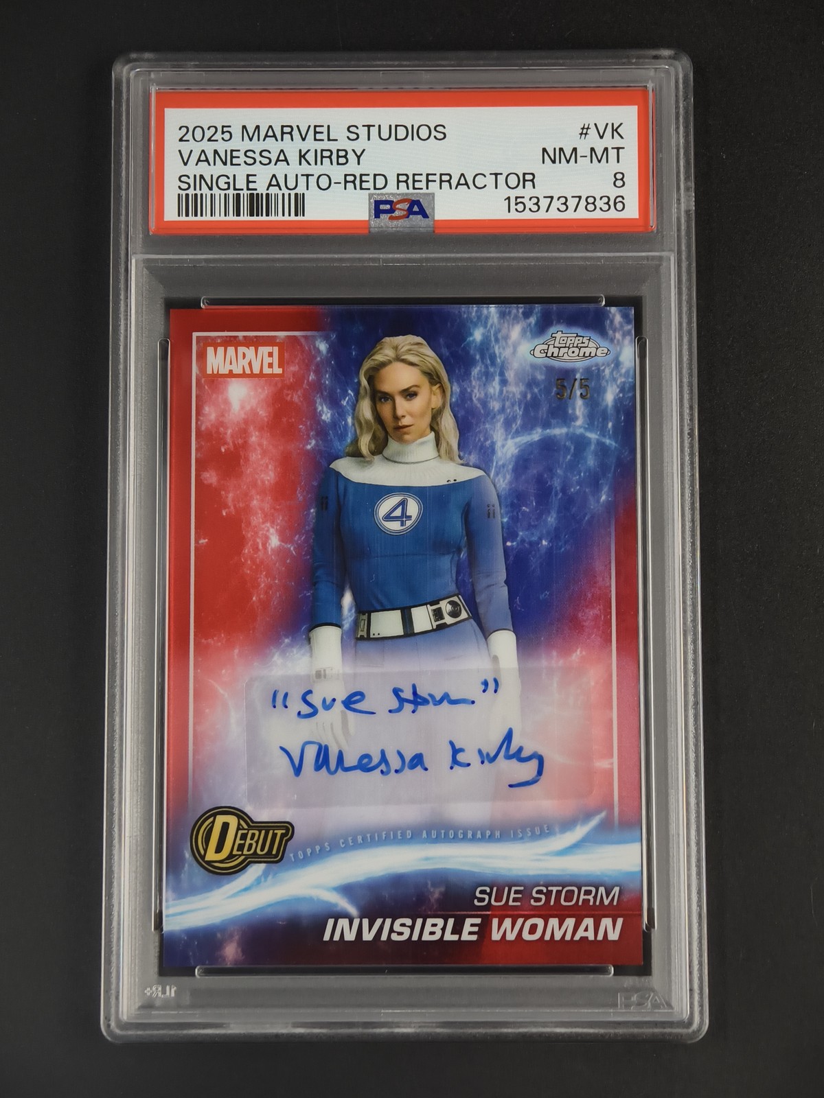 Vanessa Kirby Invisible Woman 2025 Topps Chrome Marvel Auto Red 5/5 PSA 8 [2hk