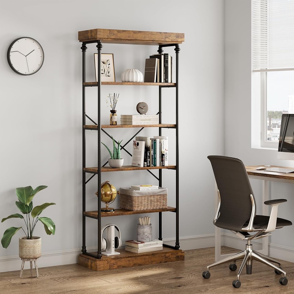 Industrial Bookshelf Wood Bookcase 6 Tier Storage Open Rack Shelf ...