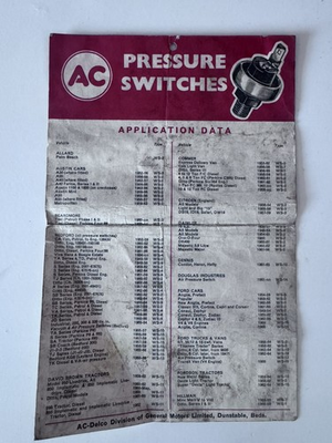 #ad Vintage AC Pressure Switches Application Data Sheet by AC Delco GBP 4.07