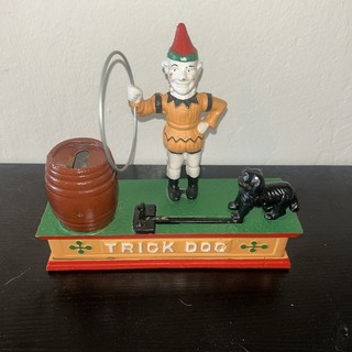 Vintage Cast Iron Trick Dog Coin Bank Jumping Through Hoop