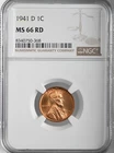 1941-D  1C LINCOLN WHEAT CENT "DENVER MINT" NGC MS66 RD (RED) # 8340750-368