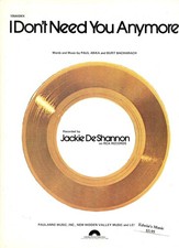 1980 Sheet Music  I DON  T NEED YOU ANYMORE  Jackie DeShannon, Anka  Bacharach