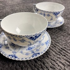 Royal Copenhagen Blue Fluted Full Lace Soup Cups w/ Saucers Set of 2 Denmark