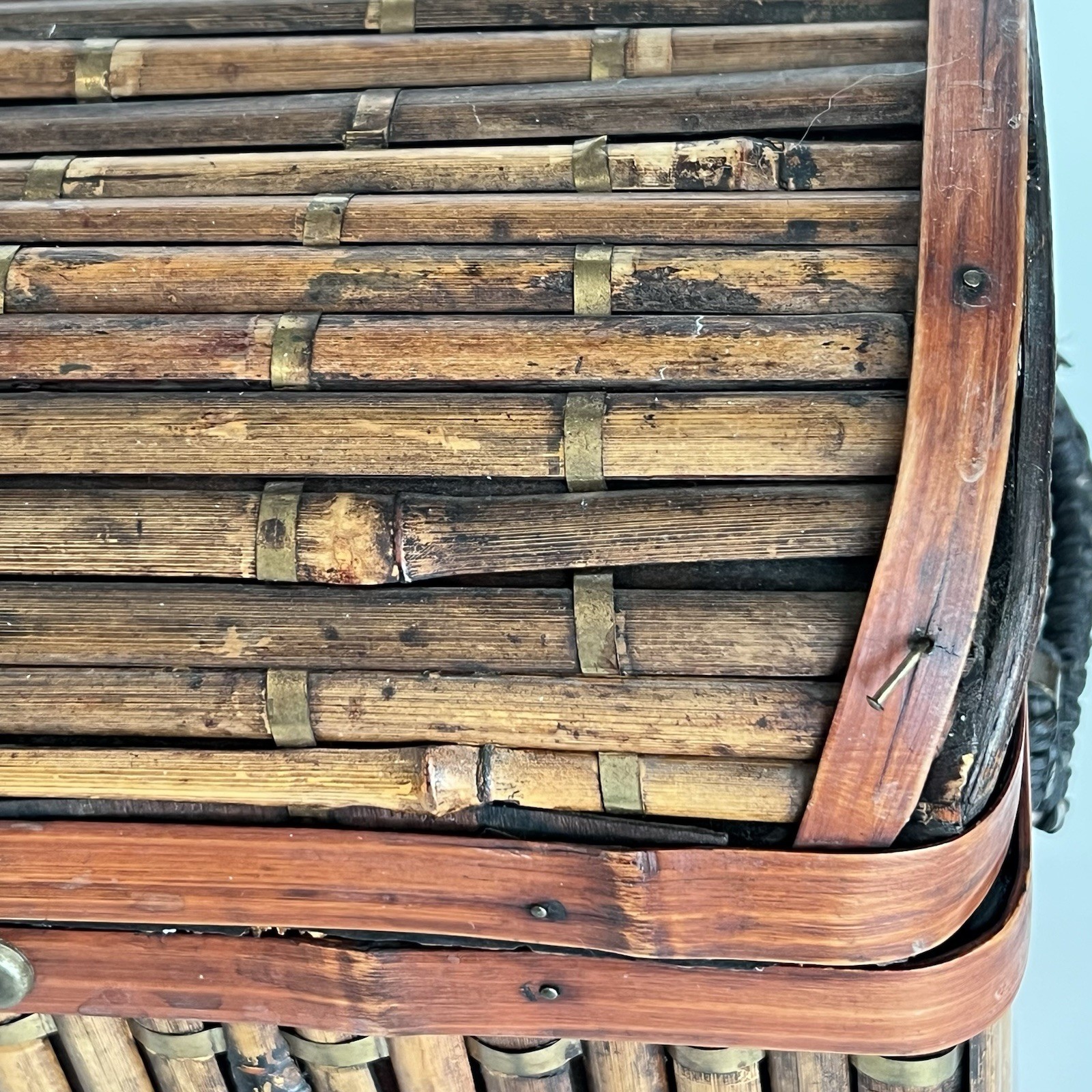 Bamboo & Tin Chest Trunk With Metal Latch & Dome Lid Boho Cottage Cabin 10”