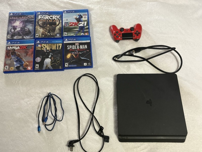 Sony PS4 Slim Bundle Red DualShock 4 Controller HDMI/Power Cables 6 Games