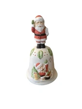 Vintage Santa Sleigh Bell With Santa Handle Ceramic Hand Painted Christmas Bell