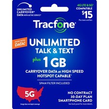 Tracfone 15 Unlimited Talk  Text, 1 GB of Data / 30 days Physical Card 