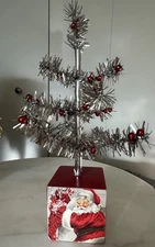 Vintage Style Silver Tinsel Feather Christmas Tree Santa Reindeer Block Base 18"